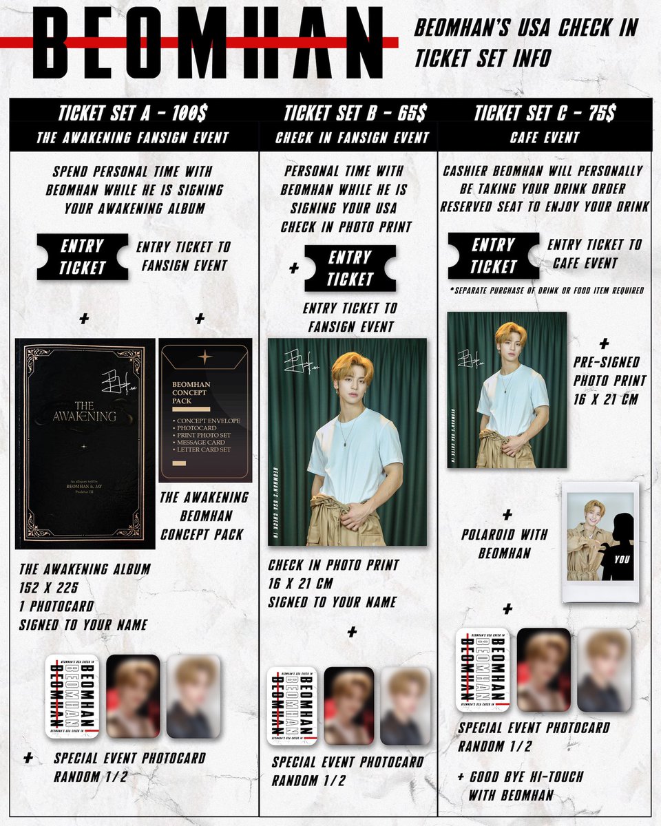 fmtour1's tweet photo. BEOMHAN'S USA CHECK IN

🎟️ CALIFORNIA SCHEDULE &amp; TICKET INFO

🗓️ 04/21
• 4:30 PM - Fansign Event (Set A - Awakening)
• 7 PM - Selfie Session
• 8:30 PM - Fansign Event (Set B - Tour Print)

California Tickets on sale Monday 04/17 at 8PM local time!
https://t.co/gCmjmvt7vC https://t.co/6IChEdhFWj