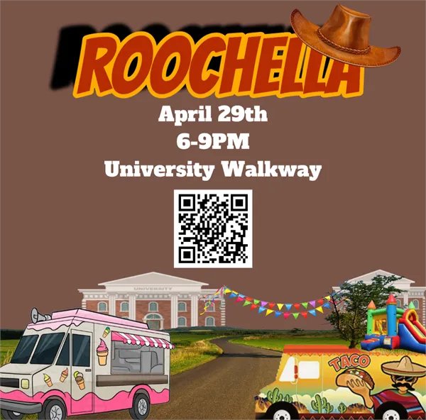 ROOCHELLA IS RIGHT AROUND THE CORNER!!! Be sure to come out to one of our biggest events of the year for a night full of fun activities with your friends! It's on April 29th from 6-9 PM on the University Walkway!