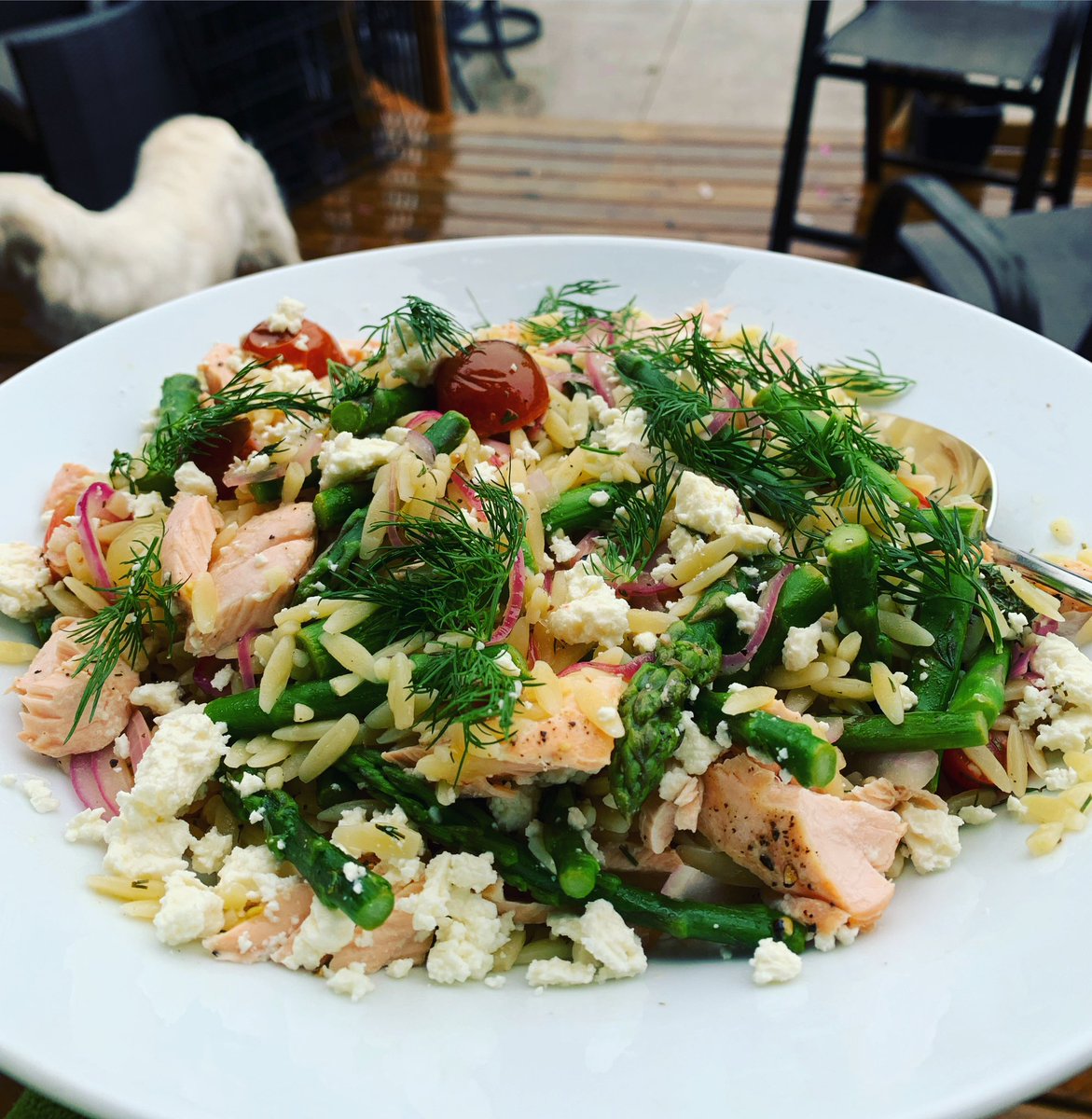 Salmon, asparagus and orzo with a lemon-dill vinaigrette #Foodie
