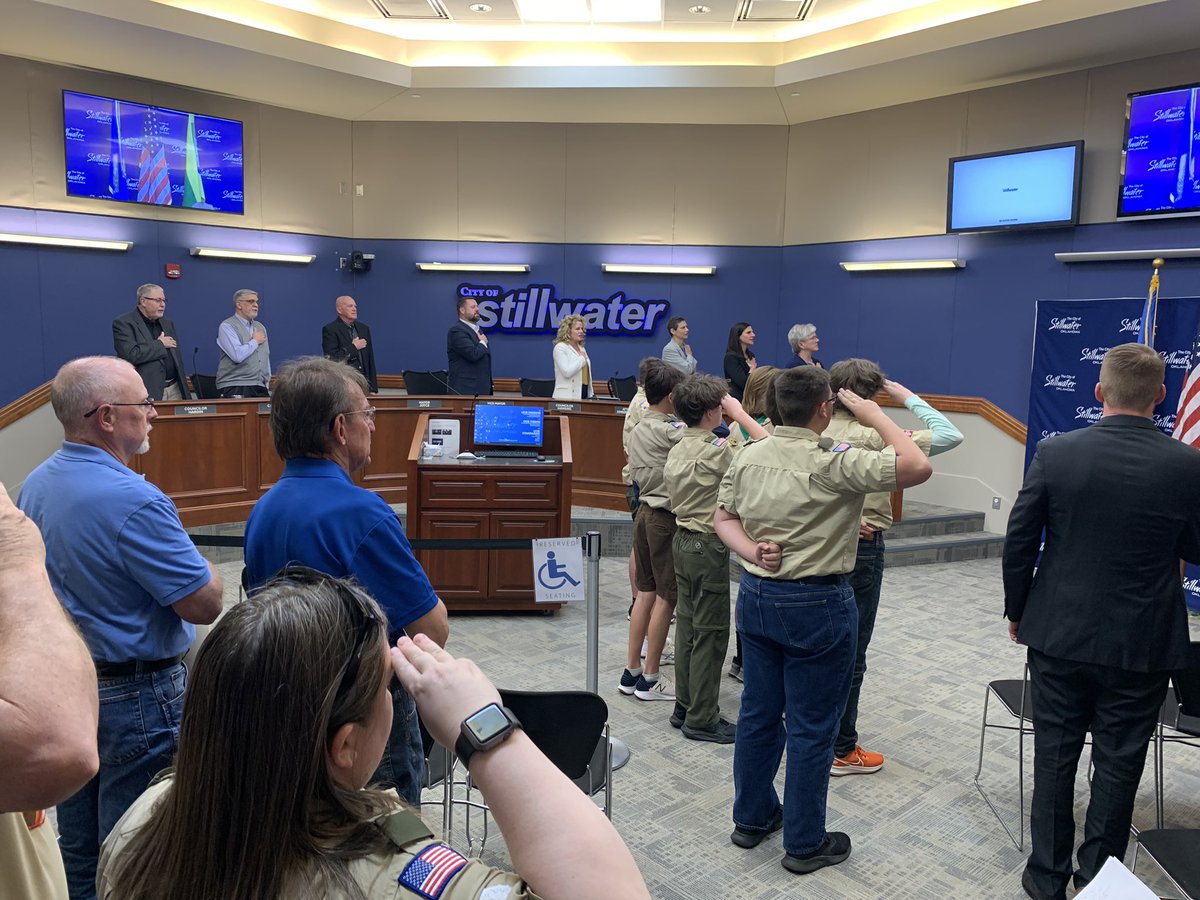 StillwaterOKgov's tweet photo. Many thanks to Boy Scout Troop 828 for joining us this evening at the City Council meeting and leading our Pledge of Allegiance. #SWO #WorkSWO #LiveSWO #LoveSWO https://t.co/R1ux2bTNIa