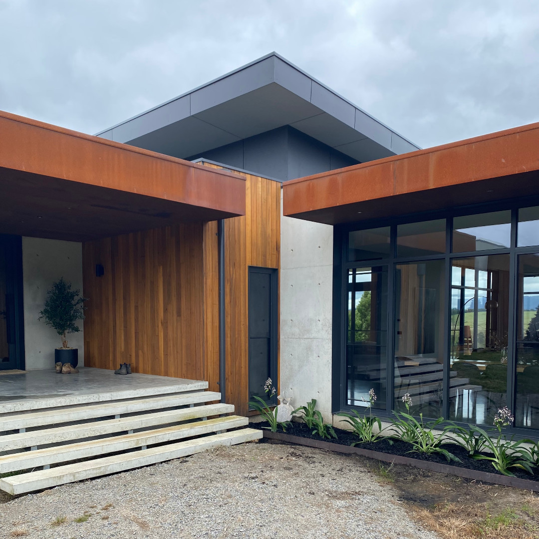 BespokeHQ's tweet photo. The material pallet of Bespoke House 5. The main entry has floating concrete steps, a coreten sofit and silvertop ash cladding.  The walls of the living room pod are concrete tilt panel.  Photo: @bespokearchitectshq Builder: Rokewood Bay @f_schipano https://t.co/fwSehSFRDc