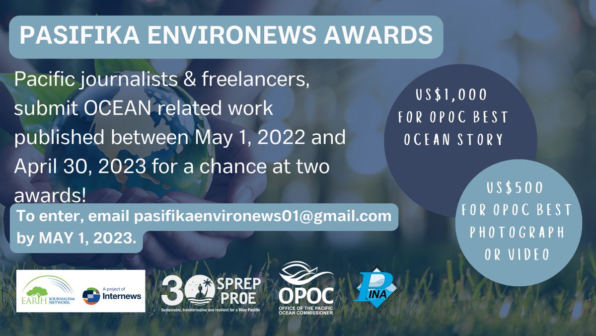 PACNEWS (@pacnews2) on Twitter photo 📢Pacific journalists & freelancers here is a chance to set a standard for reporting in the Pacific.
Submit your ocean related work as described to participate in the Pasifika Environews Awards.
Visit for more information: pina.com.fj/2023/04/13/pas…
Deadline: 1 May 2023 📢Pacific journalists & freelancers here is a chance to set a standard for reporting in the Pacific.
Submit your ocean related work as described to participate in the Pasifika Environews Awards.
Visit for more information: pina.com.fj/2023/04/13/pas…
Deadline: 1 May 2023