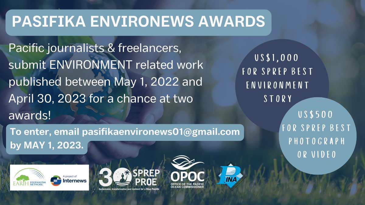 📢Pacific journalists & freelancers here is a chance to get your work recognised. Submit your environment related work as described to participate in the Pasifika Environews Awards. Visit for more information: pina.com.fj/2023/04/13/pas… Deadline: 1 May 2023