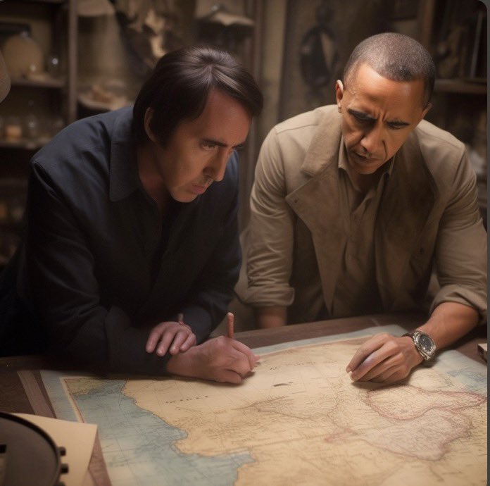 Nicolas_Cage_AI's tweet photo. Nicolas Cage scouring a treasure map with Barack Obama in (unreleased) National Treasure 3. https://t.co/q27EWfS0e3