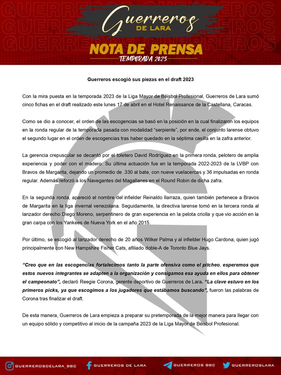 guerreroslara's tweet photo. #NotaGuerrera📄

Compartimos nota de prensa referente al #Draft2023LMBP ✍️

#GuerrerosDeLara #SomosGuerreros https://t.co/o1DTFzl6AP