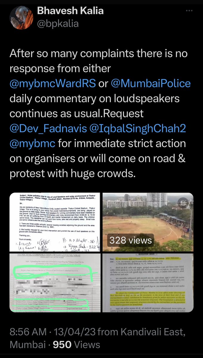 bpkalia's tweet photo. @CPMumbaiPolice after so many complaints in written &amp; on twitter regarding  loudspeakers on BMC ground in Thakur Village there is no action by @MumbaiPolice but I have been attacked by Goonda for complaining on twitter I have filed written complaint to local samta ngr police Stn. https://t.co/ALBWURkDxD