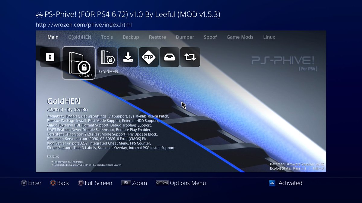 Wr0zen's tweet photo. Everyone!

PS-Phwoar! (5.05), PS-Phive! (6.72), &amp; PS-Phive! V3 (9.00) have been updated to include GoldHEN2.4b13.

PS-Phwoar / Restore, PS-Phive / Restore (6.72/9.00), PS-Phwoar PC/USB &amp; PS-Phive (6.72) PC Installers can be found at https://t.co/tth1uW51Sd

ESP/FeatherS2 Tomorrow https://t.co/RO2gEfiT0q