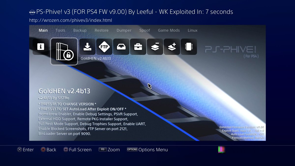Wr0zen's tweet photo. Everyone!

PS-Phwoar! (5.05), PS-Phive! (6.72), &amp; PS-Phive! V3 (9.00) have been updated to include GoldHEN2.4b13.

PS-Phwoar / Restore, PS-Phive / Restore (6.72/9.00), PS-Phwoar PC/USB &amp; PS-Phive (6.72) PC Installers can be found at https://t.co/tth1uW51Sd

ESP/FeatherS2 Tomorrow https://t.co/RO2gEfiT0q