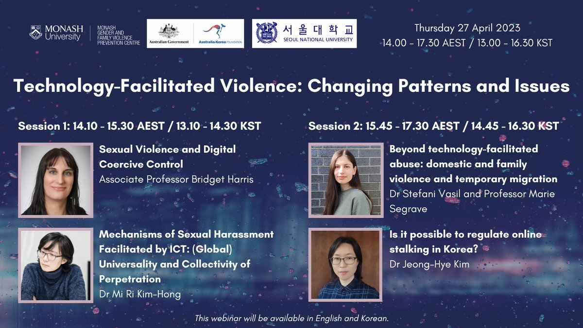 📢Upcoming webinar 📢 Together w/@SNUnow & supported by @dfat we are thrilled to announce our next webinar: 'Technology-Facilitated Violence: Changing Patterns and Issues. This webinar will be available in English and Korean. #AKFGrants 👉Register now: bit.ly/43GEVzx