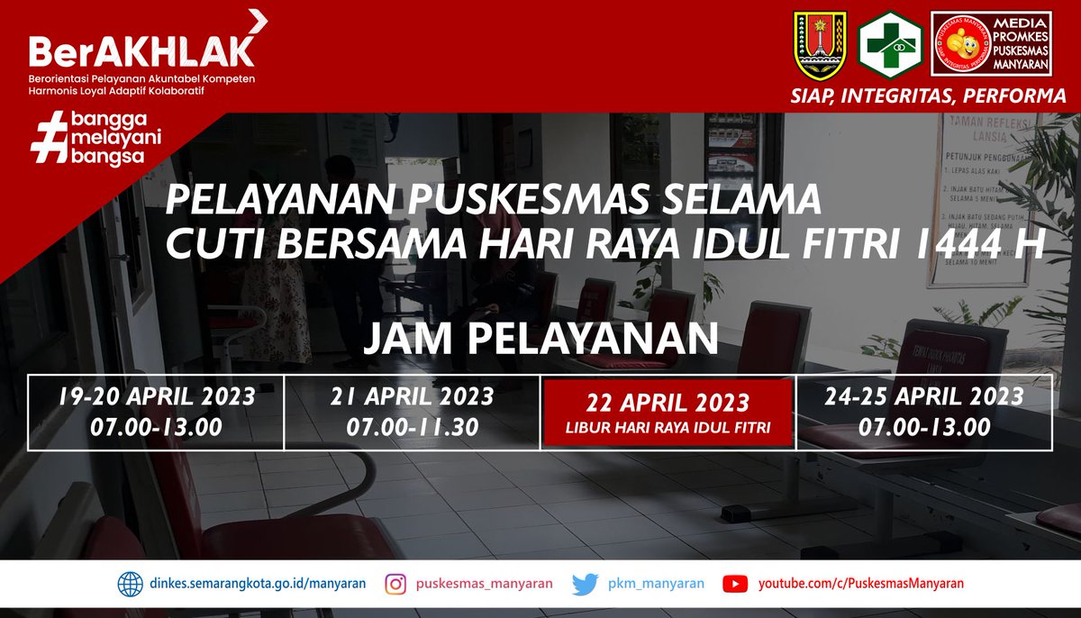 Hallo #sehaties 
Marhaban yaa Ramadhan..
Berikut kami sampaikan jam pelayanan Puskesmas Manyaran selama cuti bersama Hari Raya Idul Fitri..
"Ikan sepat asyik berenang
Anda sehat kami senang"

#ramadhankareem 
#ramadhan2023 
#Lebaran2023
#salamsehatpuskesmasmanyaran