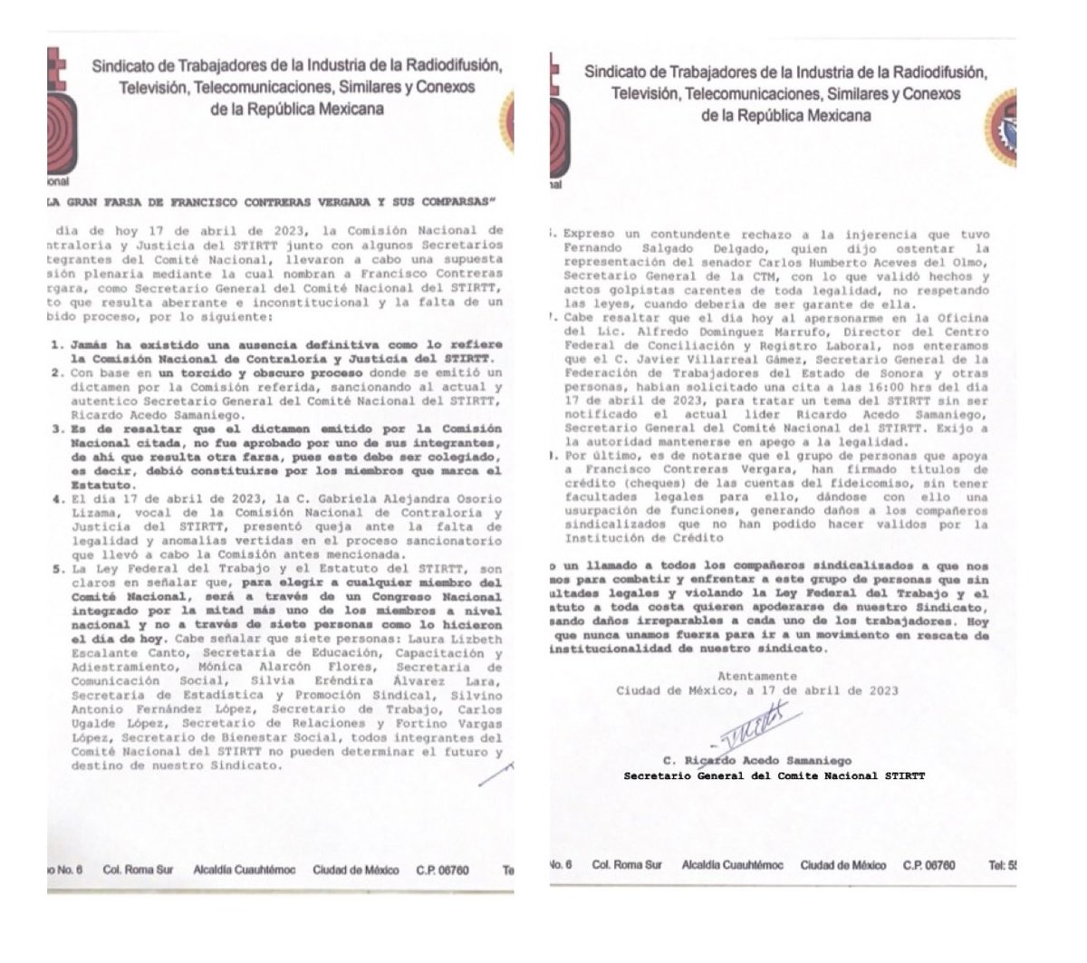 “La gran farsa de <a href="/francontrerasv/">FRANCISCO CONTRERAS</a> y sus comparsas”, documento que da a conocer <a href="/RicardoAcedoSam/">Ricardo Acedo Sam.</a> dirigente nacional del <a href="/STIRTTnacional/">STIRTT Nacional</a> / <a href="/CarlosAceves_/">Carlos Aceves del Olmo</a> <a href="/LinaBuenoLopez/">Lina Bueno</a> <a href="/Amalia_Escobar/">AEcomunicaciones 🌺</a> <a href="/LuisaAlcalde/">Luisa Alcalde</a> <a href="/ivonnemelgar/">ivonne melgar</a> <a href="/PaolaGarateV/">Paola Gárate</a> <a href="/MFBeltrones/">Manlio F. Beltrones</a> <a href="/Samvalor/">Samuel Valenzuela</a> <a href="/JCerecer/">Jose Maria Cerecer S</a> <a href="/RicardoSTIRTT/">Ricardo Gonzalez</a> <a href="/ABN58/">Arturo Ballesteros N</a>