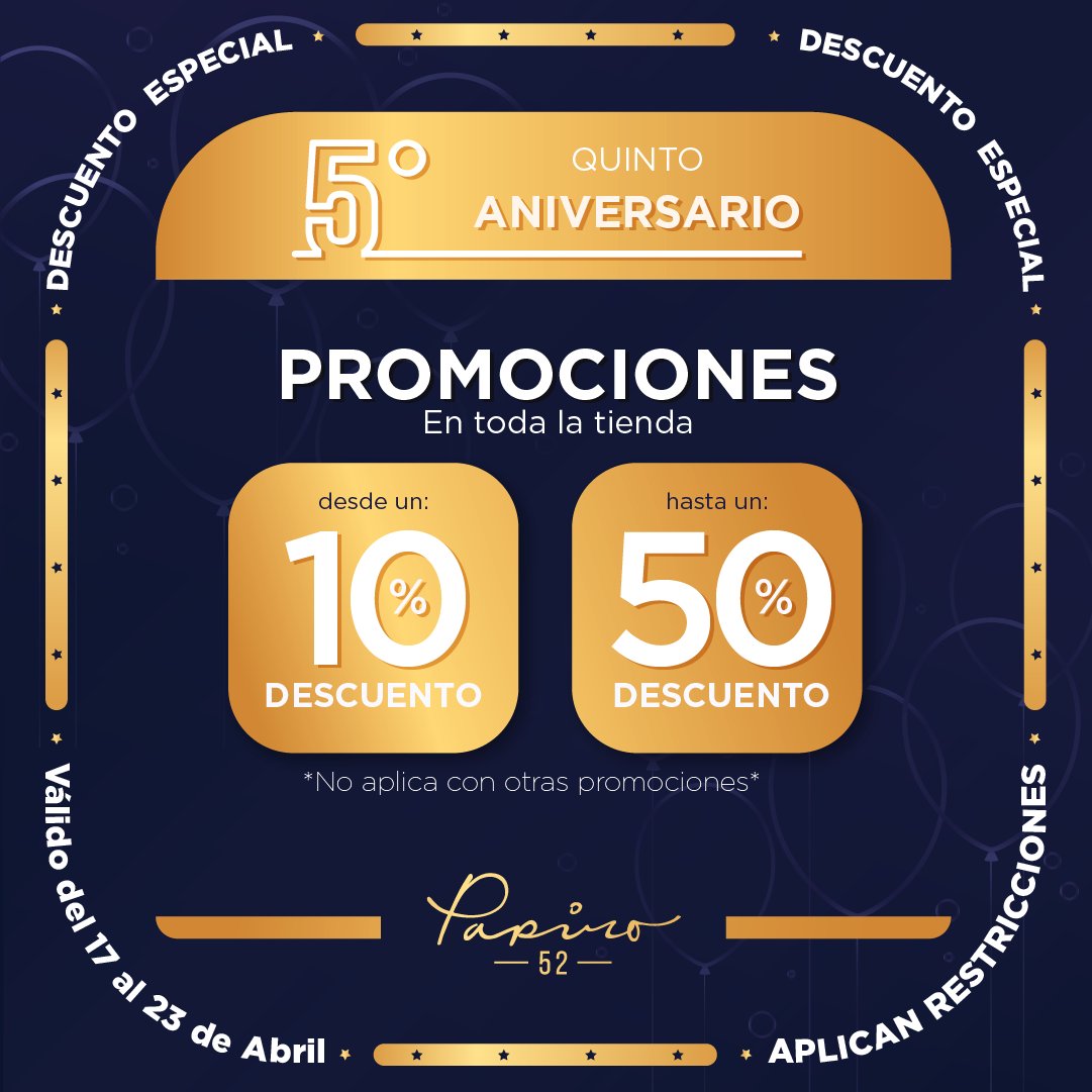 papiro_52's tweet photo. Celebra con nosotros este 5° ANIVERSARIO 🥳

Tendremos grandes descuentos 📣

Visítanos del 17 al 23 de abril 🛍️

¡TE ESPERAMOS! ☺️✨

#papiro52 #OFERTAS #QUINTOANIVERSARIO https://t.co/zfNYdJ4yfC