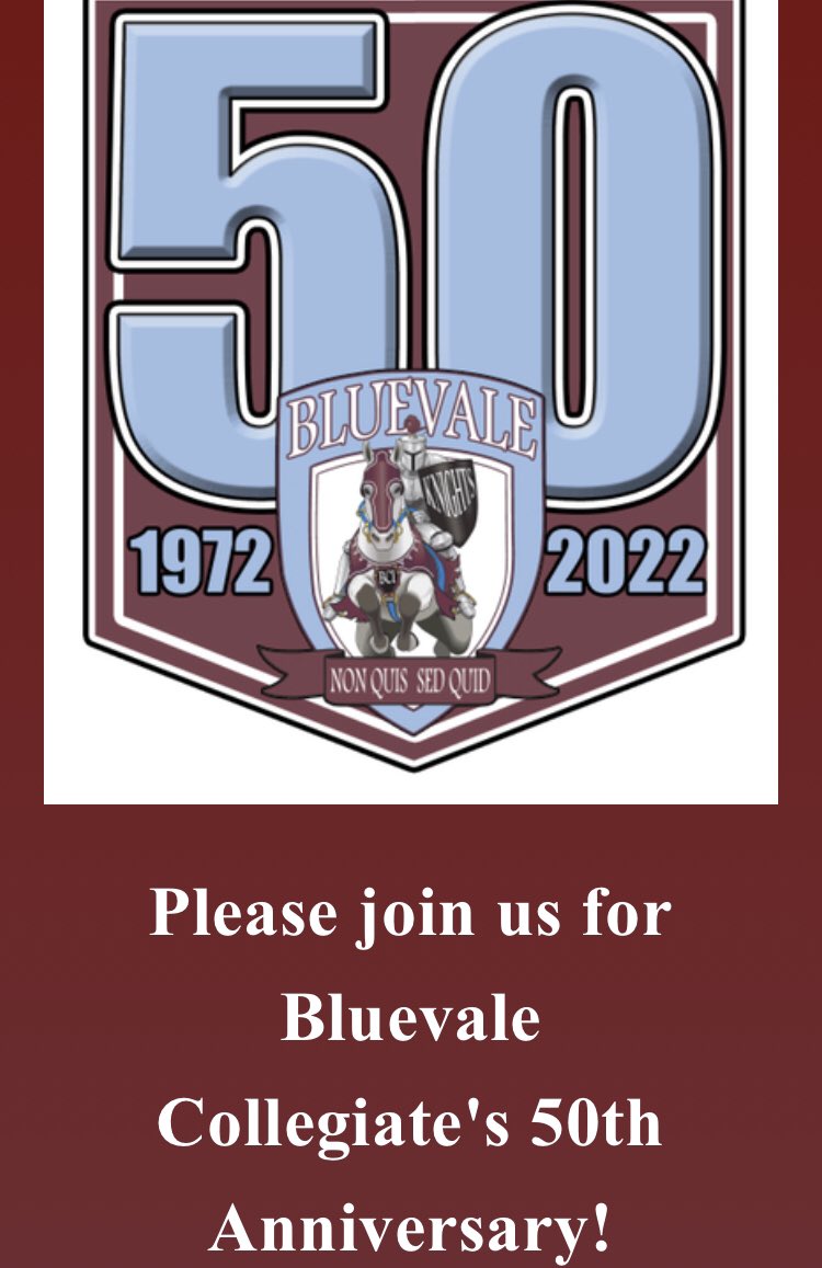 Bluevale is 50! Former and current Knights are invited to lots of fun June 2 and 3. Please register at bluevale50th.weebly.com