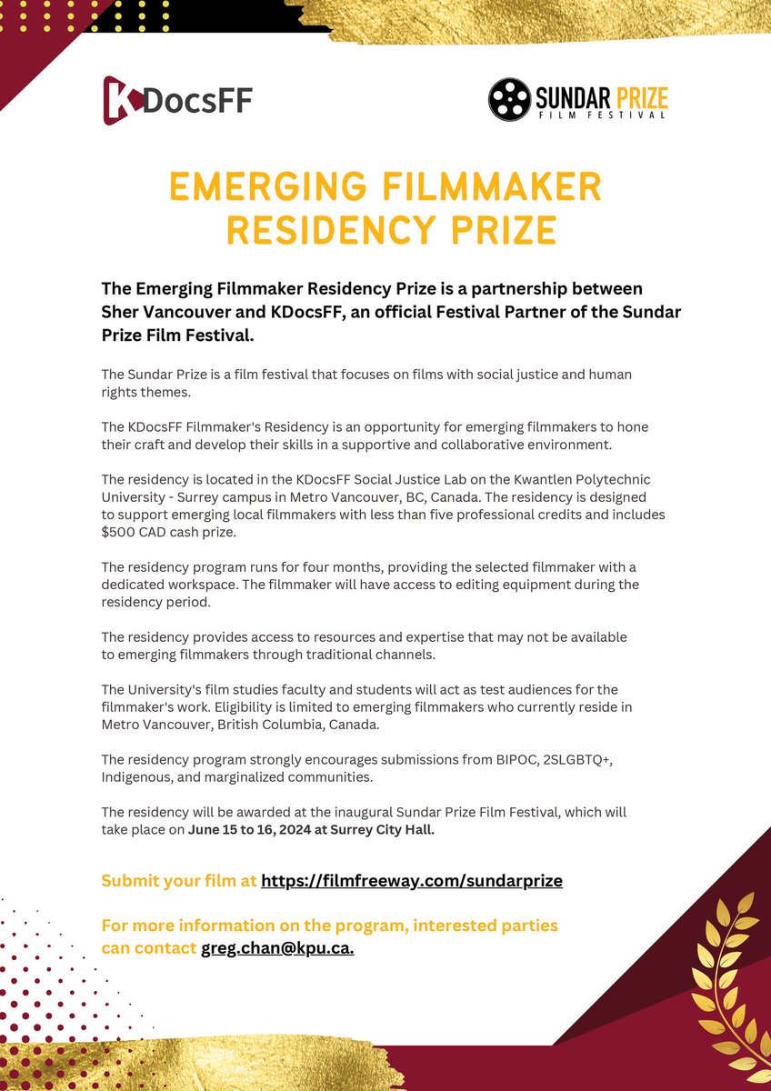 KDocsFF's tweet image. EMERGING FILMMAKER RESIDENCY PRIZE
Now an official Festival Partner of the @SundarPrize, #KDocsFF is working with @SherVancouver to offer a filmmaker’s residency program in the #KDocsFFSocialJusticeLab.
#DocumentaryActivism #DocumentaryFilm #EmergingFilmmakers #SundarPrize