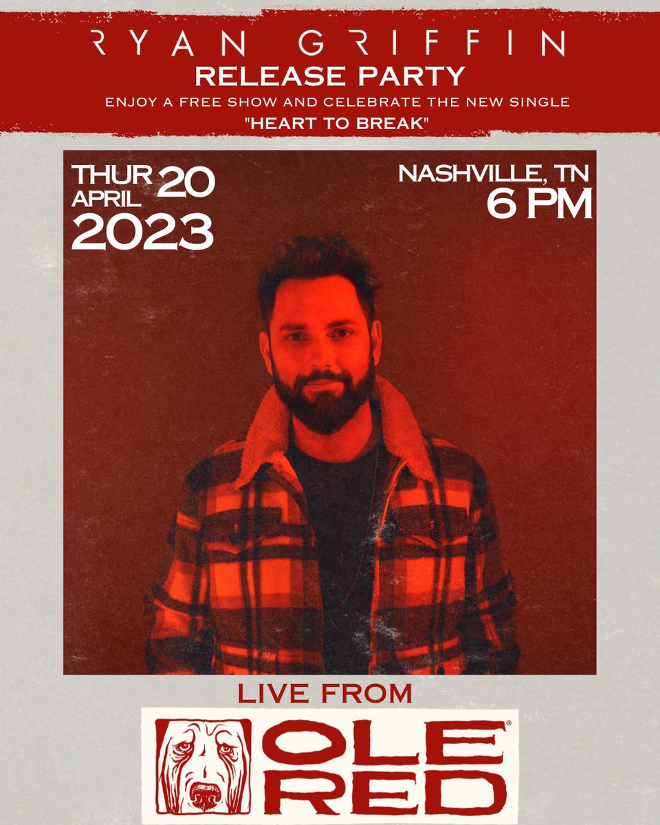 RyanGriffinLive's tweet photo. NASHVILLE!! this Thursday come hang at @OleRed and celebrate the release of โHeart to Breakโ ๐ promise we are gonna have a time ๐ค ๐ see yโall there!! #hearttobreak #releaseparty https://t.co/KvoMqdWLOV