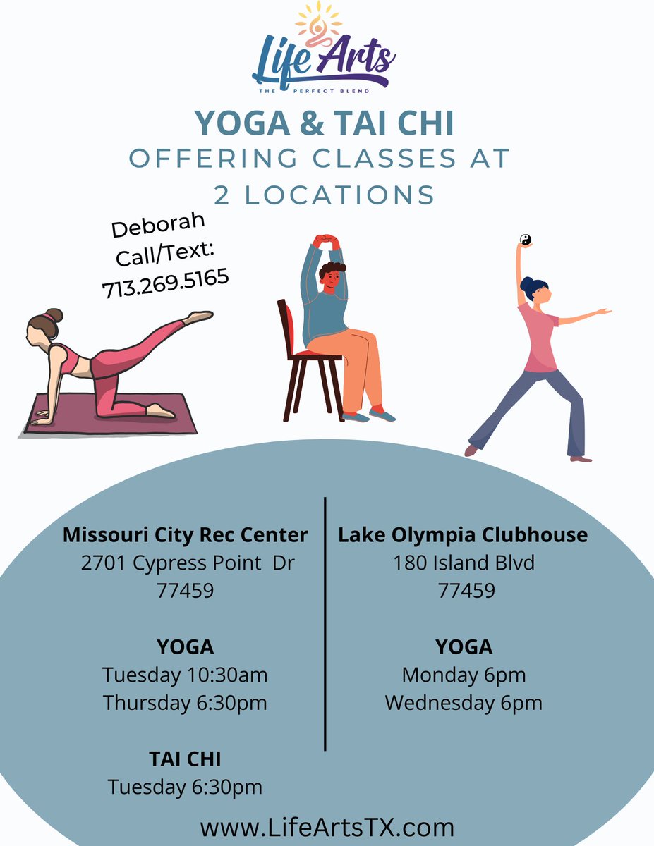 LifeArtsTx's tweet photo. Updated time for Lake Olympia location!!

#lakeolympia #quailvalleyproud #mocitytx #missouricitytx #missouricityreccenter #yoga #taichi https://t.co/7RhzUjUrFx