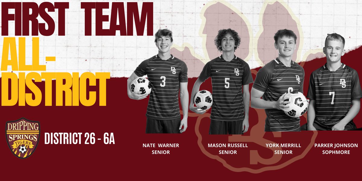 DSsoccerbooster's tweet photo. Congratulations to Nate Warner, Mason Russell, York Merril, and Parker Johnson on being named to the All District First Team for 6A District 26!!! @DSSoccer_Boys @DSISD @OneTigerNation 
@50_50Pod @LethalSoccer @myDSHSnews https://t.co/mK2nfRkQJq