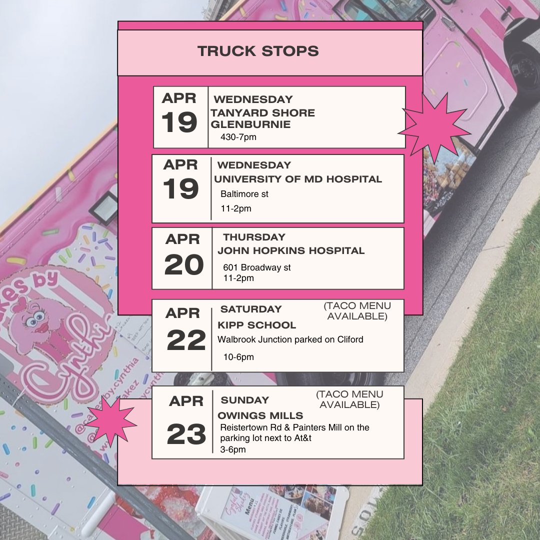 This week's Cakes by Cynthia Truck schedule!!! See you at the stops!!!! 

#cupcakes #cake #cakeshop #cupcakeshop #Baltimore #Maryland #cakesbycynthia #dmveats #dmvdesserts #virginia #pennsylvania #dcrestaurants #cakejars #desserts