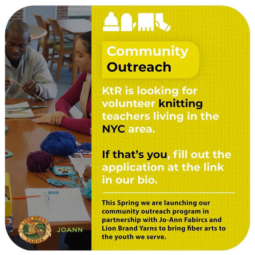 KtR is looking for volunteer knitting teachers in the NYC area to help bring fiber arts to the youth we serve. 

If you’re interested, please fill out the application at the link in our bio. 

#KtR #KnitTheRainbow  #crochet #knit #yarn #youth #LGBTQ #LGB… instagr.am/p/CrJ5x43JUTR/