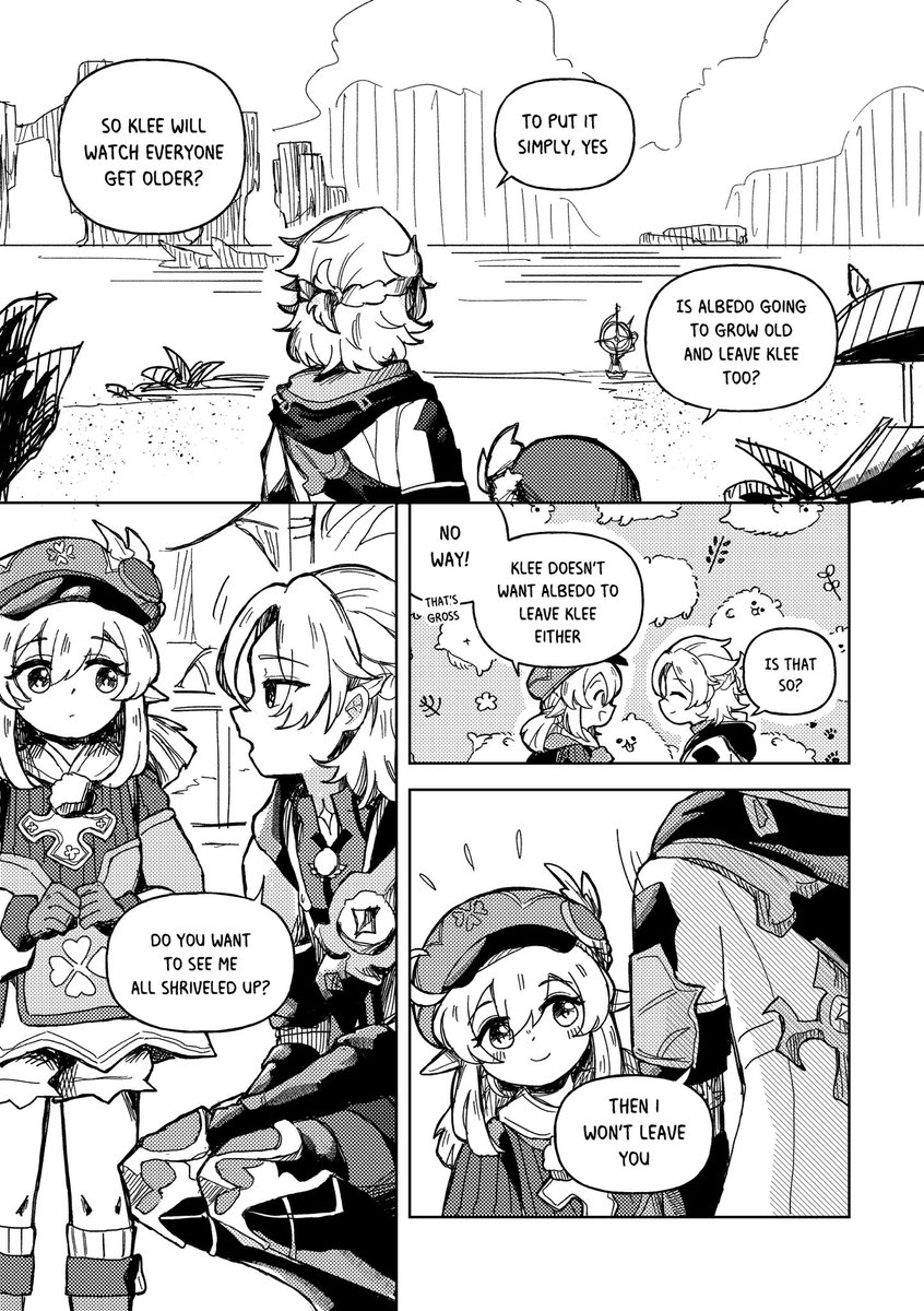 Hi I made an Albedo &amp; Klee fanbook for #CF16! 
(CW: Major Character Death)

It’s 36 pages of Klee seeing Albedo. Sample continues in replies ⬇️ (1/3)
#comifuro16 #cf16
