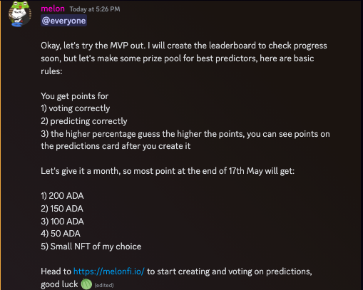 melonaires's tweet photo. The first MelonFi predictions contest is now open, you can win prizes by predicting and voting:

1) 200 ADA
2) 150 ADA
3) 100 ADA
4) 50 ADA
5) Small NFT of my choice

This is a basic test of the MVP, would appreciate all the feedback🍈

Link in the replies👇

#Cardano #Polygon https://t.co/3xGPZbAFLM