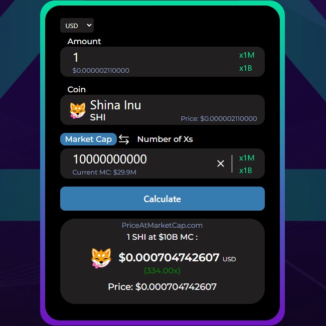 PriceAtMCap's tweet photo. ๐ If $SHI (@ShinaToken) reaches $10B MC, that would be a 334x!
๐ฅ Calculate now the value of your tokens of any coins at a specific market cap on https://t.co/8iMCkac8zC!
#PriceAtMarketCap #Crypto #Cryptocurrencies #CryptoCalculator #CryptoSimulation #CryptoTool https://t.co/4oZUAu3RPO