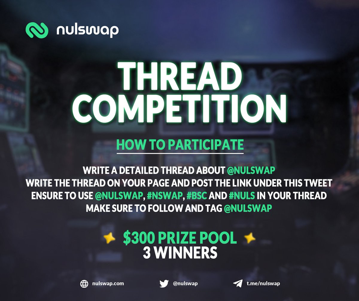 nulswap's tweet photo. To celebrate our listing on #PancakeSwap ...

A WHOPPING $300 THREAD #CONTEST 🔥⚡️🚀

How to Enter:
1️⃣ Follow @nulswap + the instructions in the image below 
2️⃣ Like and RT this tweet 
3️⃣ Tag 3 other threadorrs you would like to win/join

⏰️ Winners in 76HRS. https://t.co/N4nurD4NGW