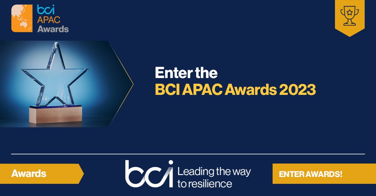 TheBCEye's tweet photo. Showcase your work, gain prestigious recognition, and stand out in the #BusinessContinuity &amp; #Resilience industry by entering the #BCIAPACAwards2023!

Winning the awards is an excellent way to recognise and celebrate exceptionally hard work. Enter today: https://t.co/S0Wu6kg23E https://t.co/f8T1qc5ynq