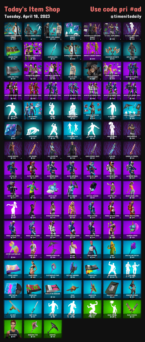 timenitedaily's tweet photo. 🌤 Today's Item Shop on #Fortnite
📅 Tuesday, April 18, 2023
 
🌟 Use code pri to support #EpicPartner https://t.co/6jgTo6Hpng