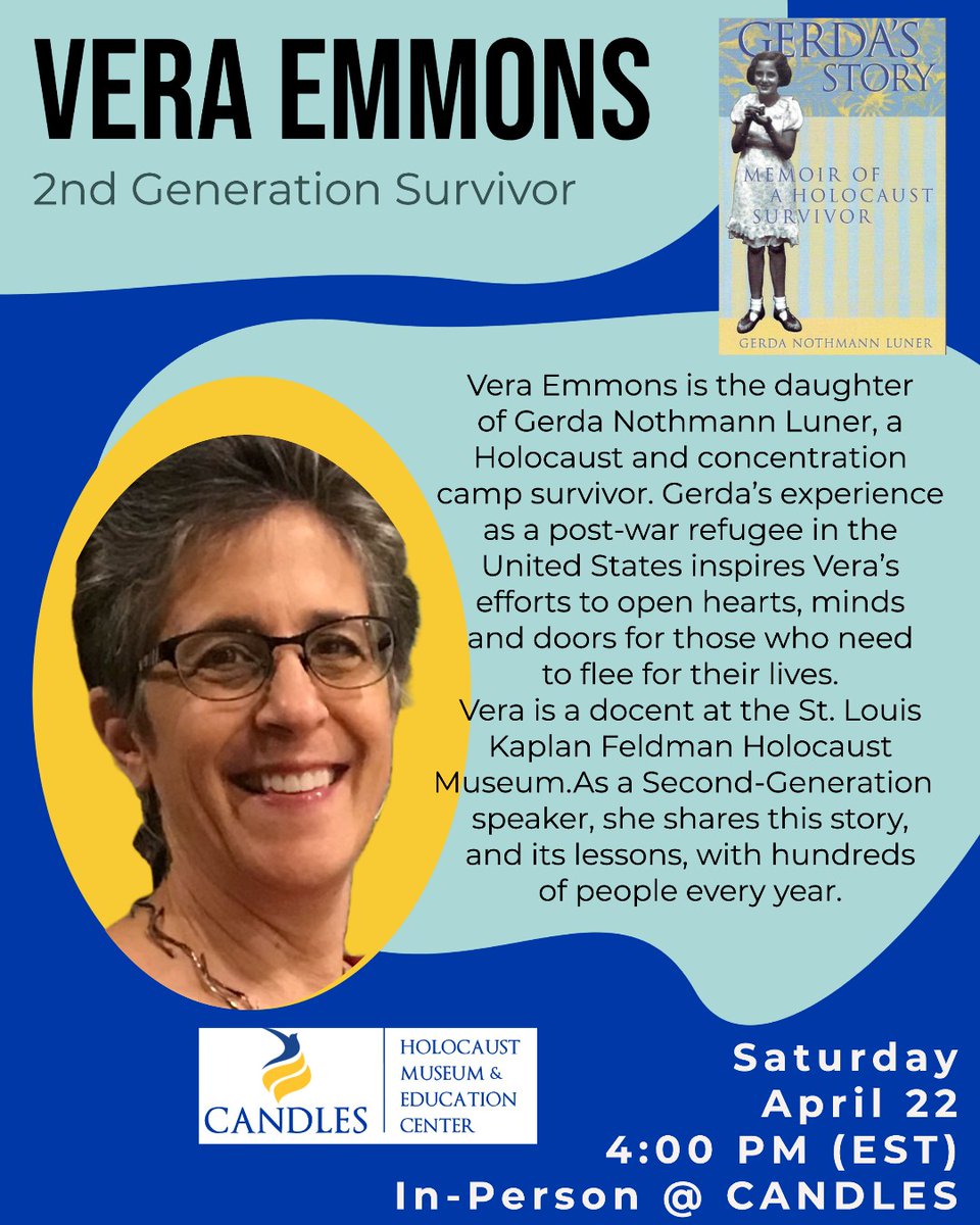 Join us for a FREE talk this Saturday at 4 PM (EST). Vera Emmons, a 2nd Generation Survivor, will speak about her mother and her book "Gerda's Story" at the museum. Donations will be accepted.