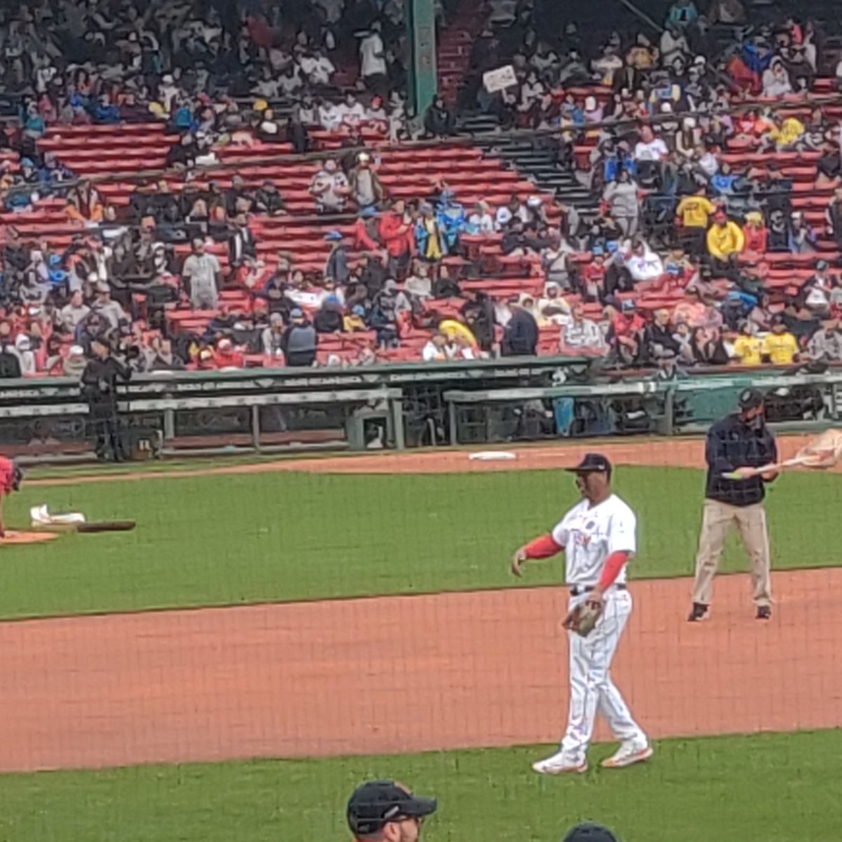 First one on the field, so at least we got that. Sox are under .500 now, tough day. #devers11 #redsox #FenwayWeather 🌧️