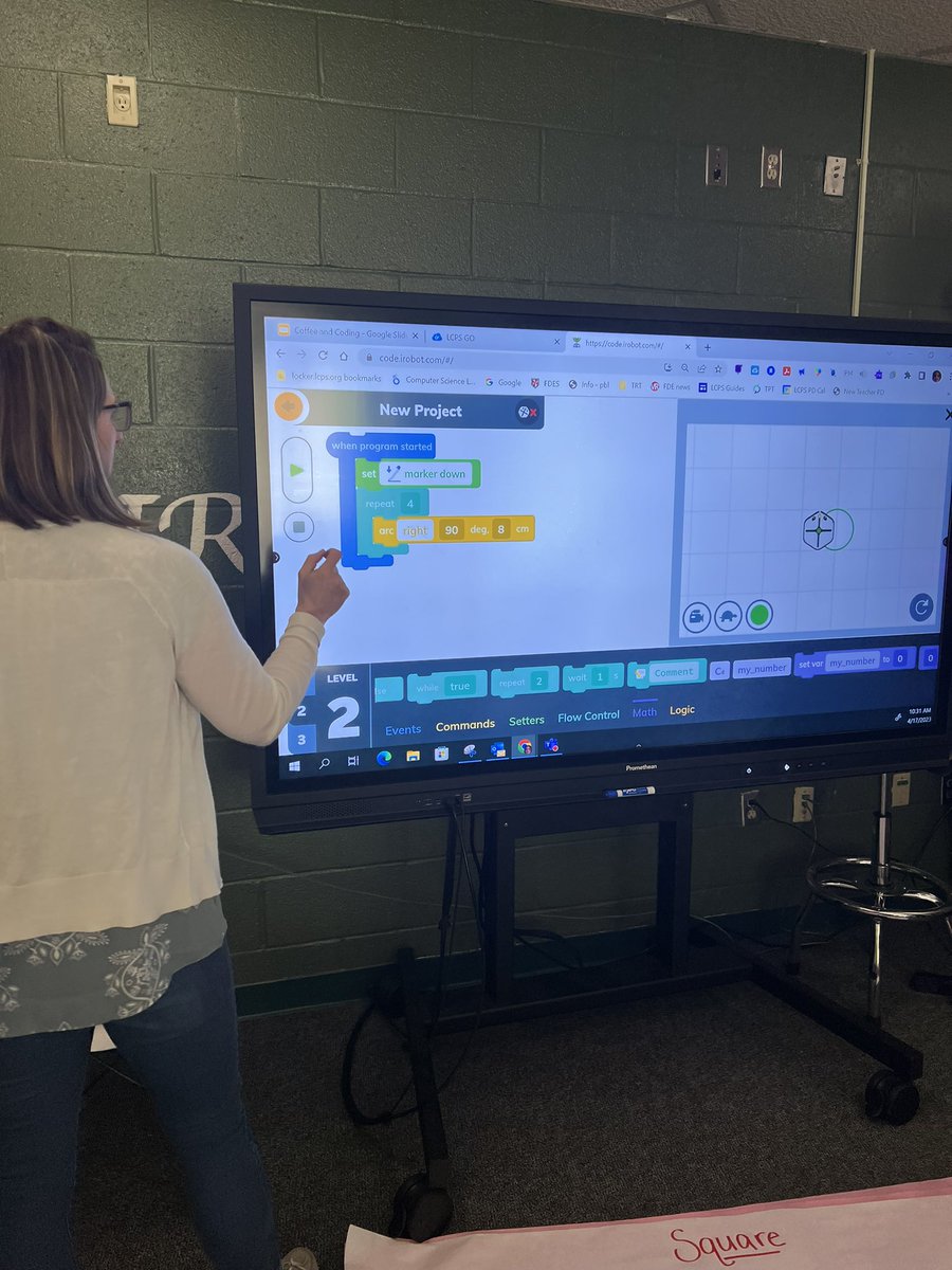 AbbySpessard's tweet image. A little Coffee and Coding today at Evergreen! Teachers worked on their #blockbasedcoding skills while creating polygons in @iRobotEducation @MrsWright_EMES @csforlcps