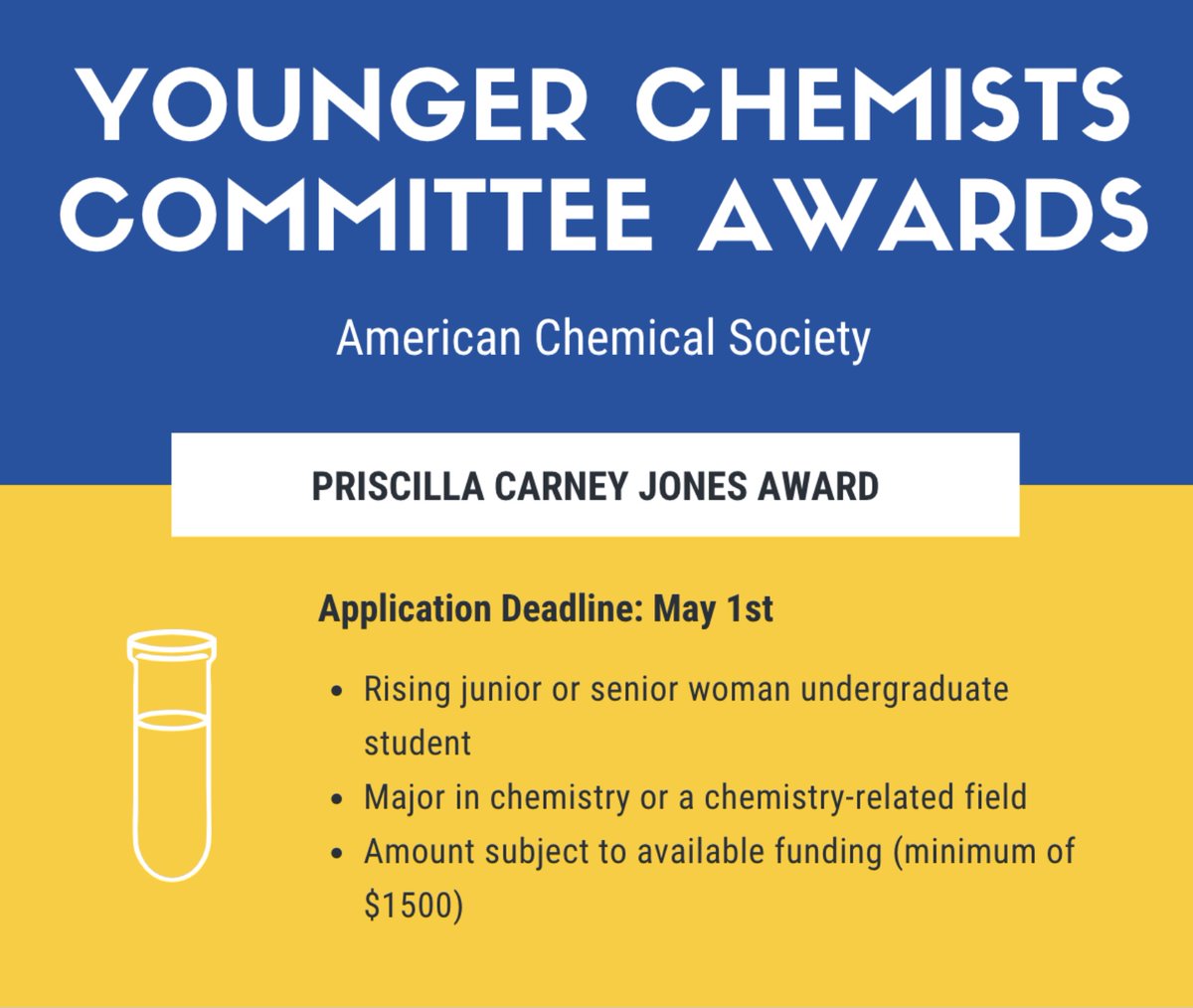 ycc_acs's tweet photo. The Priscilla Carney Jones Scholarship was established to provide scholarships for female undergraduate majors in chemistry or related disciplines who are beginning their junior or senior years of study. Application deadline is in 2 weeks, apply now!

https://t.co/iEWhgm8crh https://t.co/t73sEKeHil