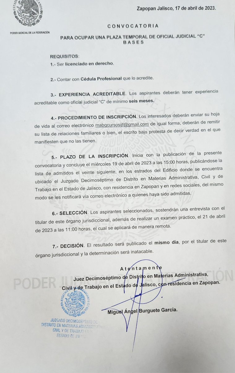 Buenas tardes! Comparto convocatoria para oficial judicial "C" para ocupar de manera inmediata, favor de leer las bases y si cumplen con los requisitos será un gusto se postulen.

Me ayudas a compartirla?

Gracias!