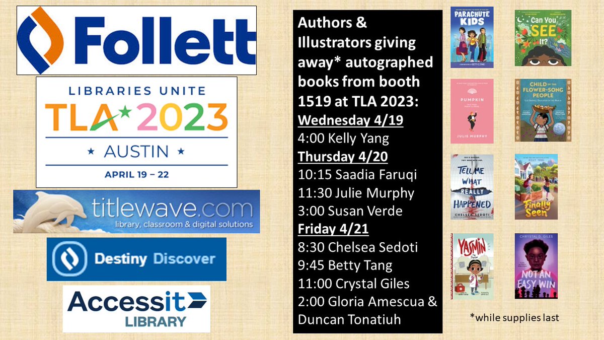 HarveyAtFollett's tweet photo. YIKES! There is lots going on @FollettLearning booth# 1519 at #TXLA23 this week. Please stop by to say hello, and maybe you can pick up an autographed book or ask a question about #Titlewave #Destiny or #AccessIT.
#TLA23 #Library #classroom #literacy #reading https://t.co/Il27IQY0yu
