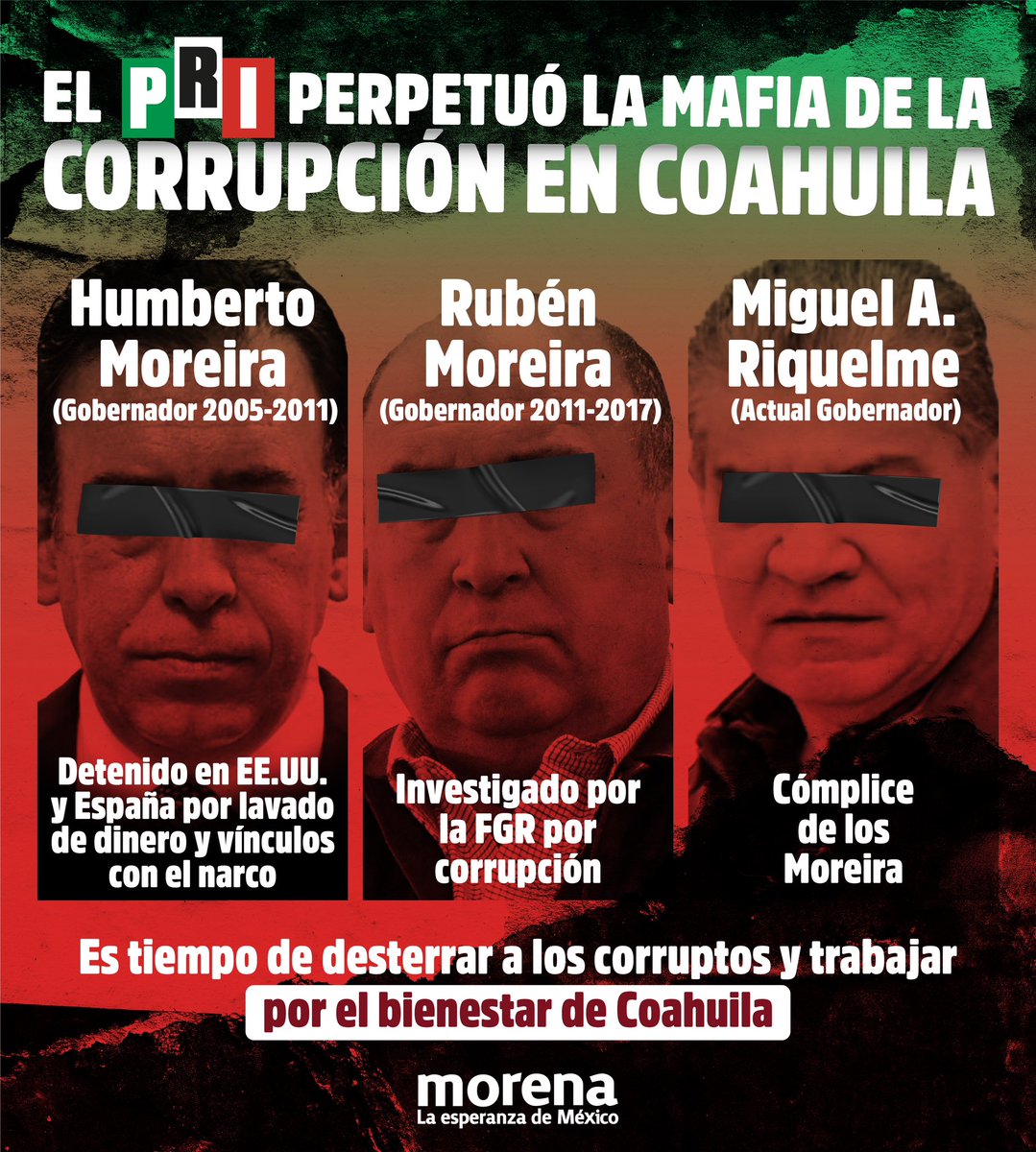 El PRI perpetuó la mafia de la corrupción que saqueó impunemente al pueblo de Coahuila.

Ya es hora de que se vayan los corruptos y llegue la transformación.