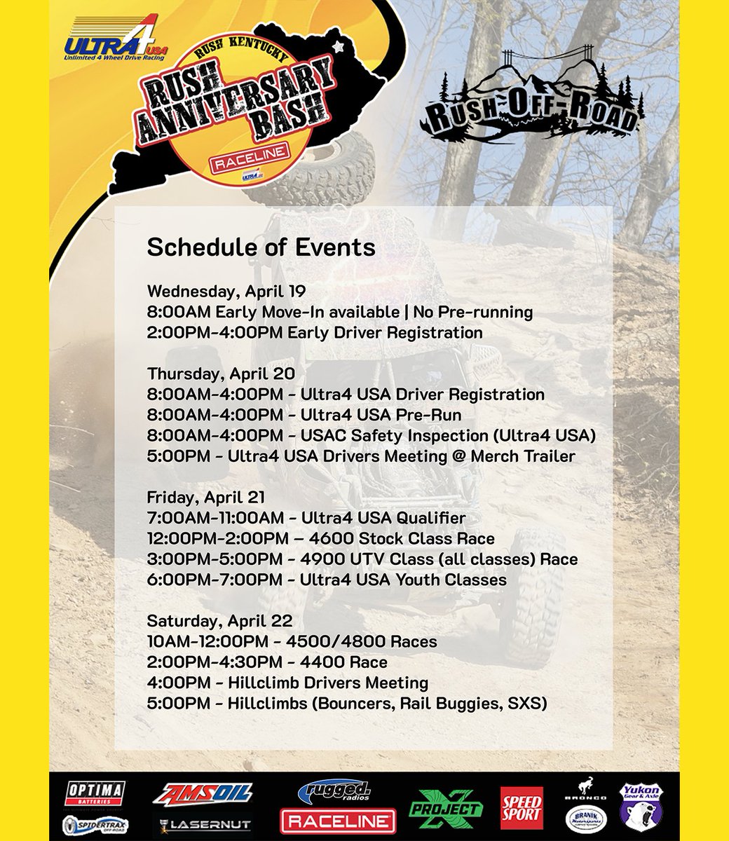 Ultra4USA's tweet photo. Schedule of events AND a handy dandy image you can save to your phone before you get to Rush Off-Road so that you always have a schedule with you when you get there? 

NO WAY!

#Ultra4USA #Ultra4Rush #Ultra4Family https://t.co/jjz76aA0iL