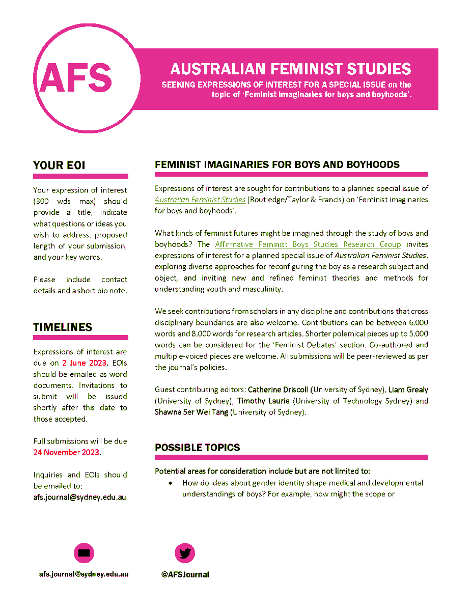 shawnatang's tweet photo. CfP: Feminist imaginaries for boys and boyhoods.  What kinds of feminist futures might be imagined through the study of boys and boyhoods? Submit abstracts to https://t.co/ISH6lIQw23 for a planned special issue of @AFSJournal. Due 2 June, details 📷: @cadriscoll @LiamDGrealy https://t.co/do0ENlUOgi