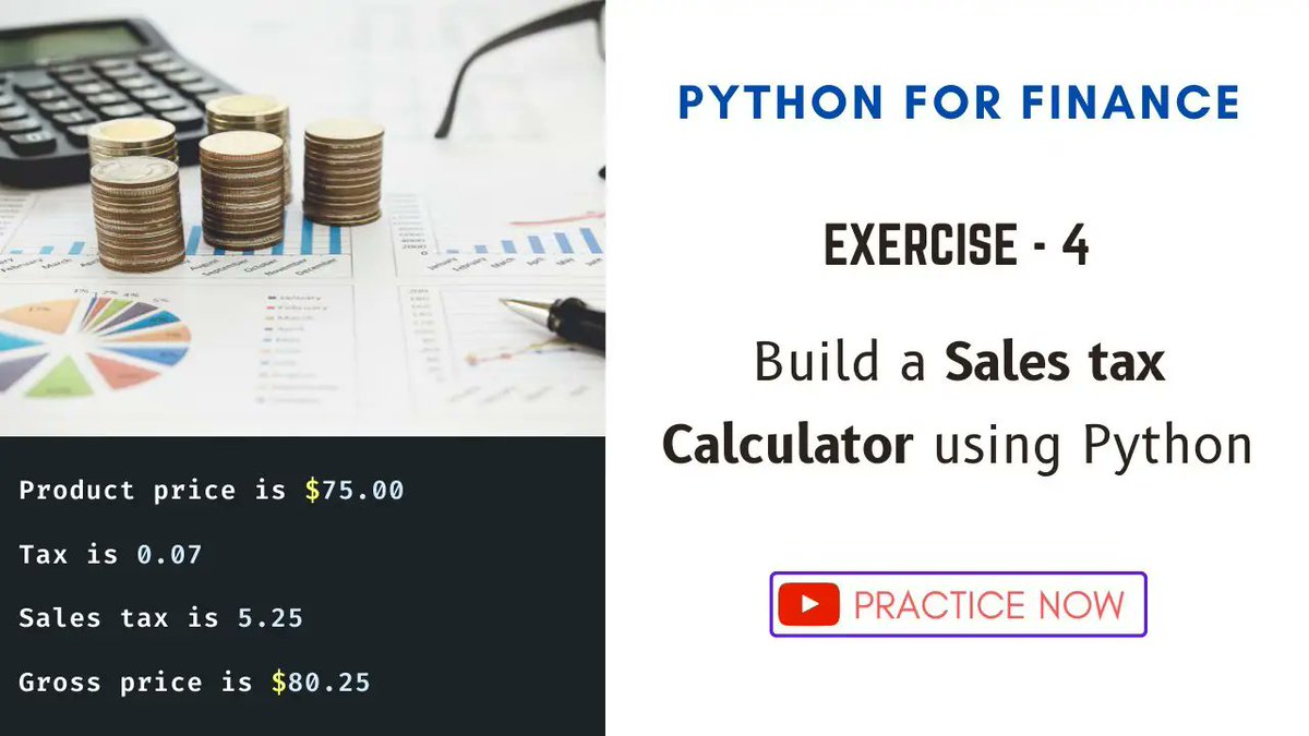 usingpython's tweet image. Exercise 3 - How to Build a Sales Tax Calculator in Python
Sales tax is a type of consumption tax which you pay to the seller when you buy anything. It is imposed on everything.
📚 Read the full article here:
🔗 usandopy.com/en/artigo/exer… #python #usingpython
