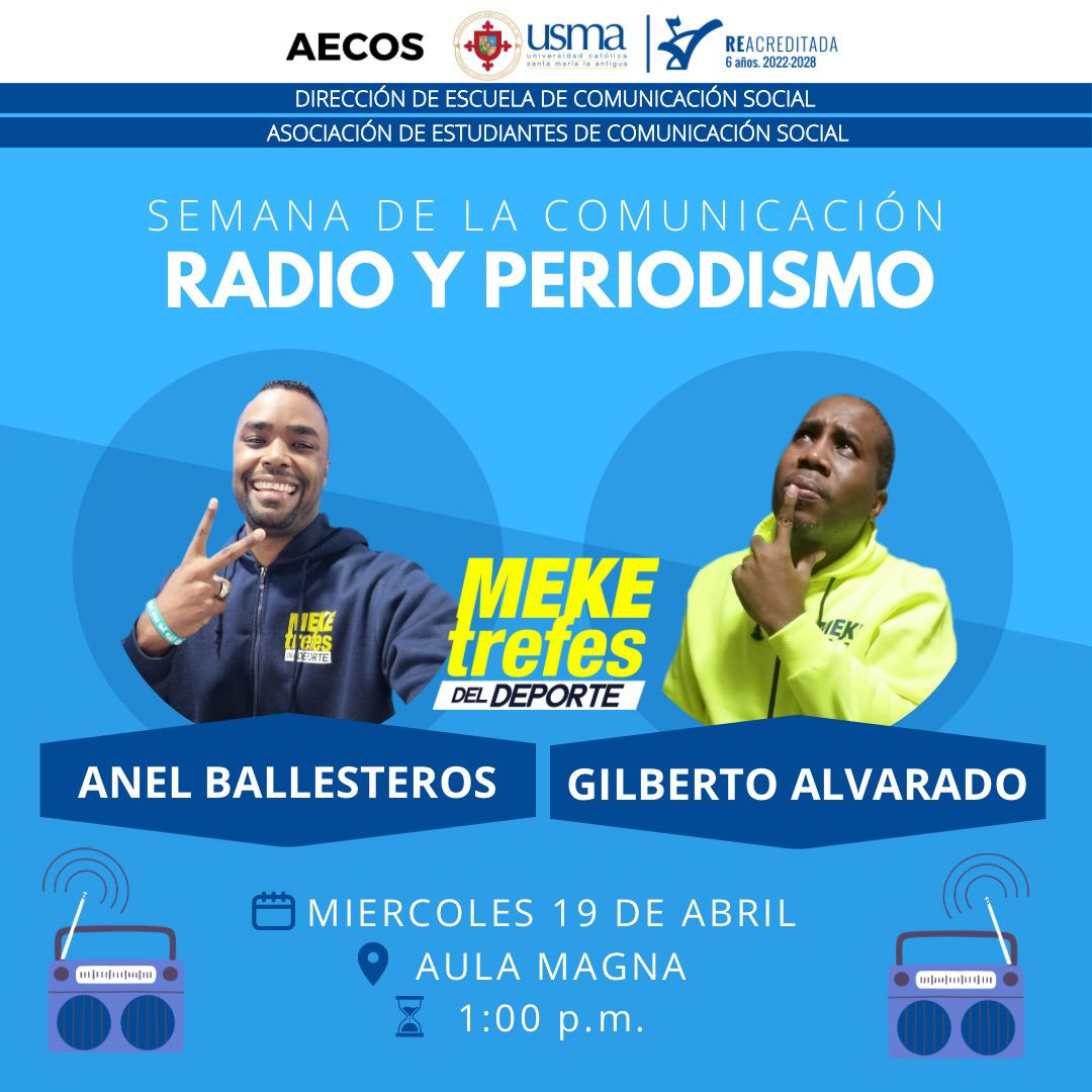 SportMeketrefes's tweet image. 😀 ¡SEMANA DE LA COMUNICACIÓN 🎙️!

Con gran entusiasmo anunciamos que estaremos participando como expositores en la Semana de la Comunicación 2023 en la @USMApanama 🧑🏻‍🎓.

Agradecemos a la Asociación de Estudiantes de Comunicación Social #aecosusma por la invitación.
