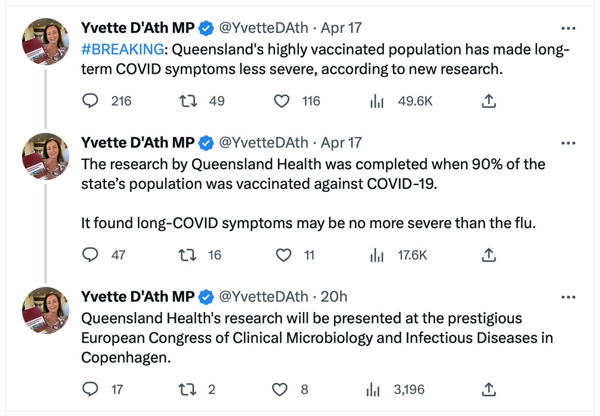 Are you saying 90% of Queenslanders are up to date with their Covid-19 vaccines @YvetteDAth? Is Covid really so 'less severe' its long term suffering is now akin to 'the flu'—a disease so severe we vaccinate against it annually—Covid gives you long-term flu?” Resign. #Covid19Qld