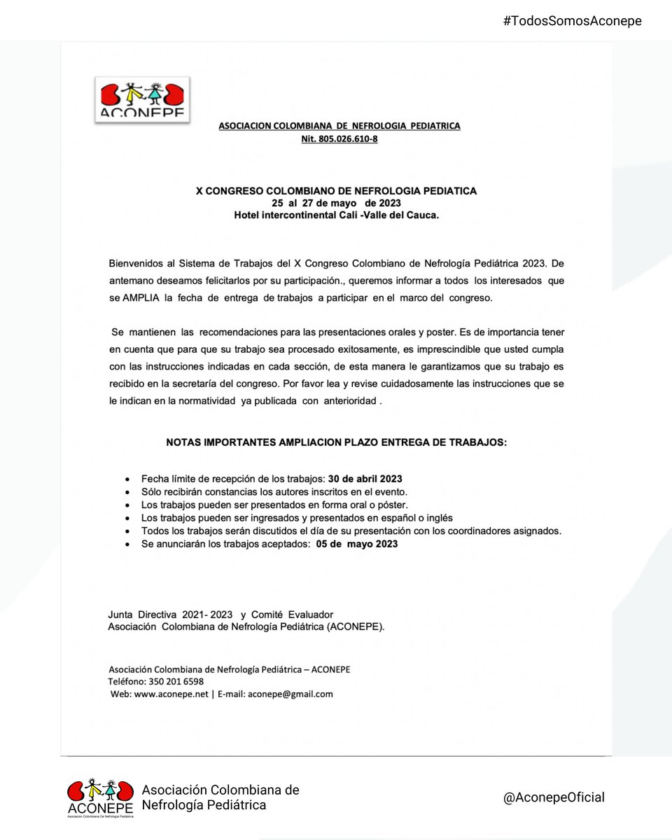 ¡Tenemos buenas noticias! 📣
Se ha extendido la fecha límite para enviar trabajos de investigación para el X Congreso de Nefrología Pediátrica.

Ahora tendrás más tiempo para compartir tus hallazgos y contribuir a la comunidad nefrológica pediátrica. ¡Envía tu trabajo ahora! 📝