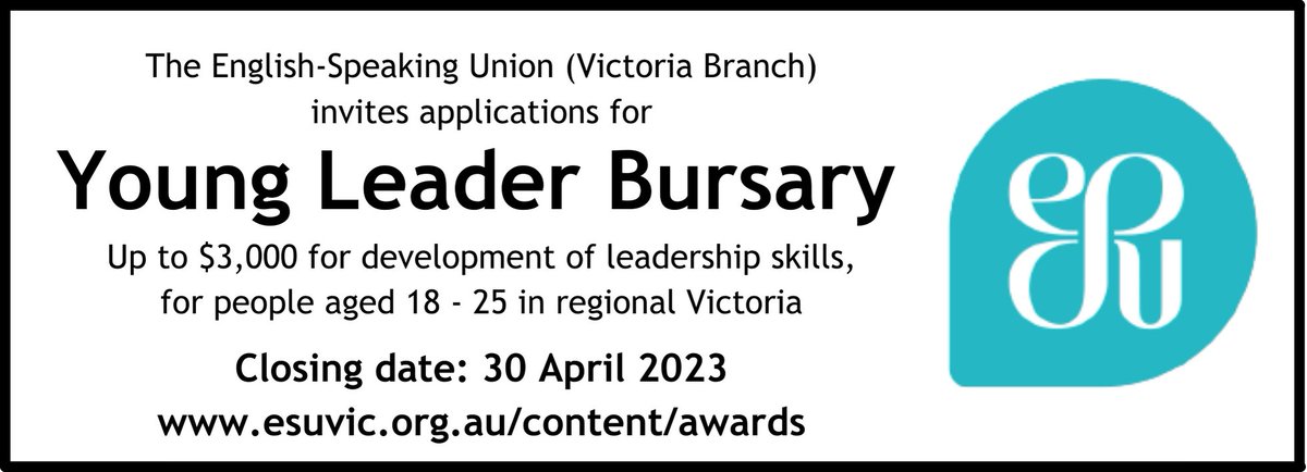 ESUVicBranch's tweet photo. Are you aged between 18 and 25, and living in regional Victoria? Would $3,000 help with your leadership development? Then our Young Leader Bursary may be relevant for you!
Apply online by following this link: https://t.co/KXbhxdOmhX

#regionalVictoria #VictoriaAustralia https://t.co/OXaw3Zguzp