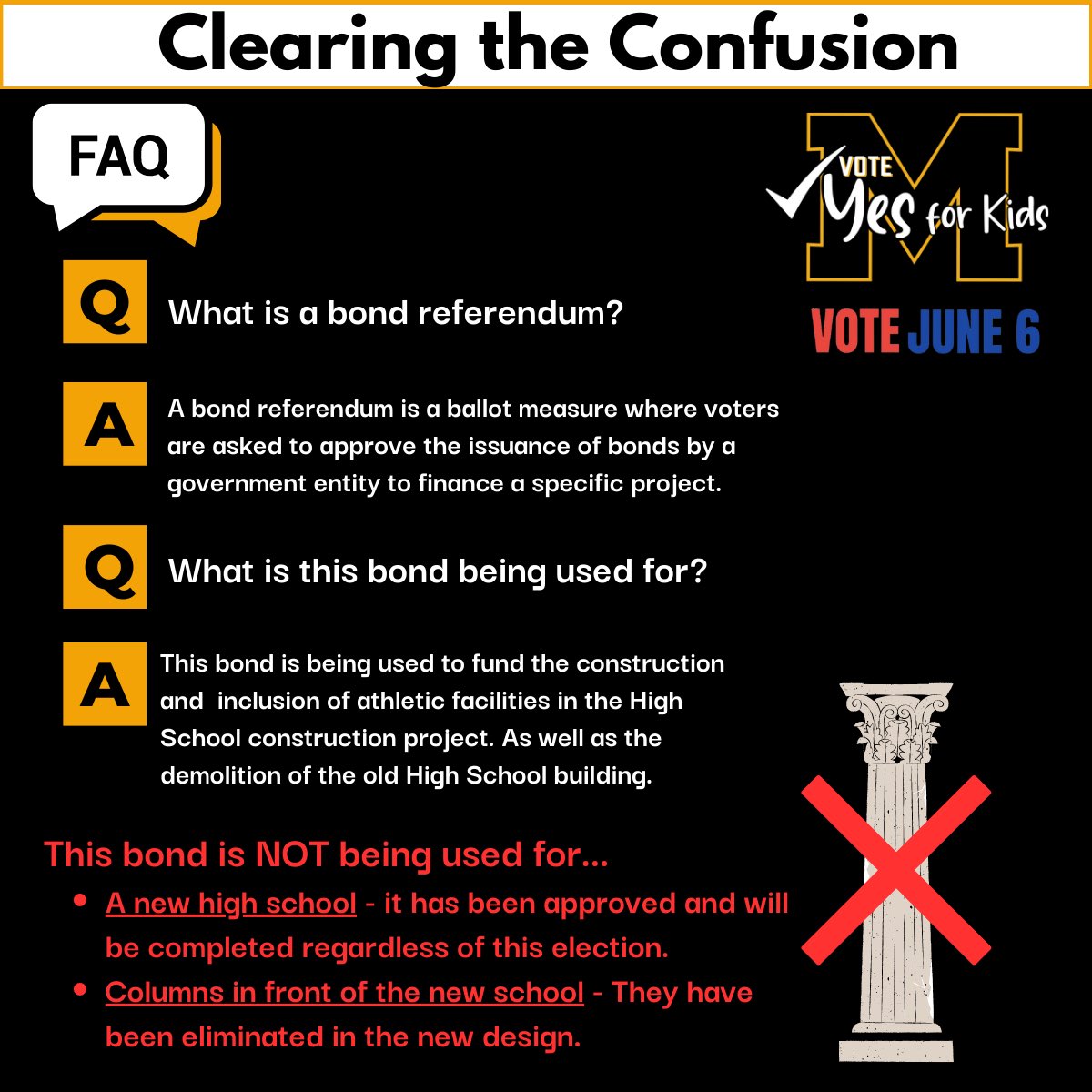 Clearing the Confusion!

The MOST COMMONLY asked question is “Are we voting on whether the new high school is built?”

NO! This bond decides whether the new high school will be built with athletic facilities or whether athletic facilities will not be included in the new school