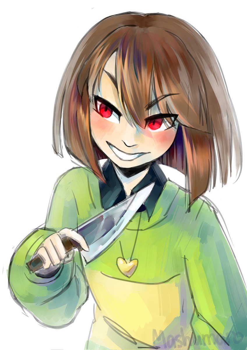 Mashuroneko's tweet image. It was difficult to choose so I will show two versions
This sketch I drew before the art for Underzine: Halloween, but I probably won’t be able to show the result because I can’t estimate how violent it is, but I’ll think what I can do about it

#undertale #chara #undertaleFanart