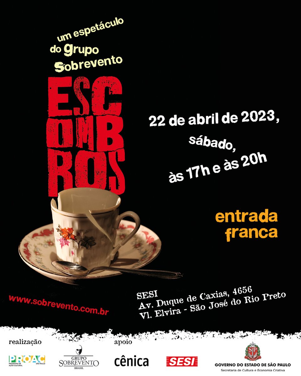 Escombros GRÁTIS em São José do Rio Preto #proac2022
<a href="/CulturaSP/">Secretaria da Cultura, Economia e Indústria</a> <a href="/sesiriopreto/">Sesi S.J.Rio Preto</a>