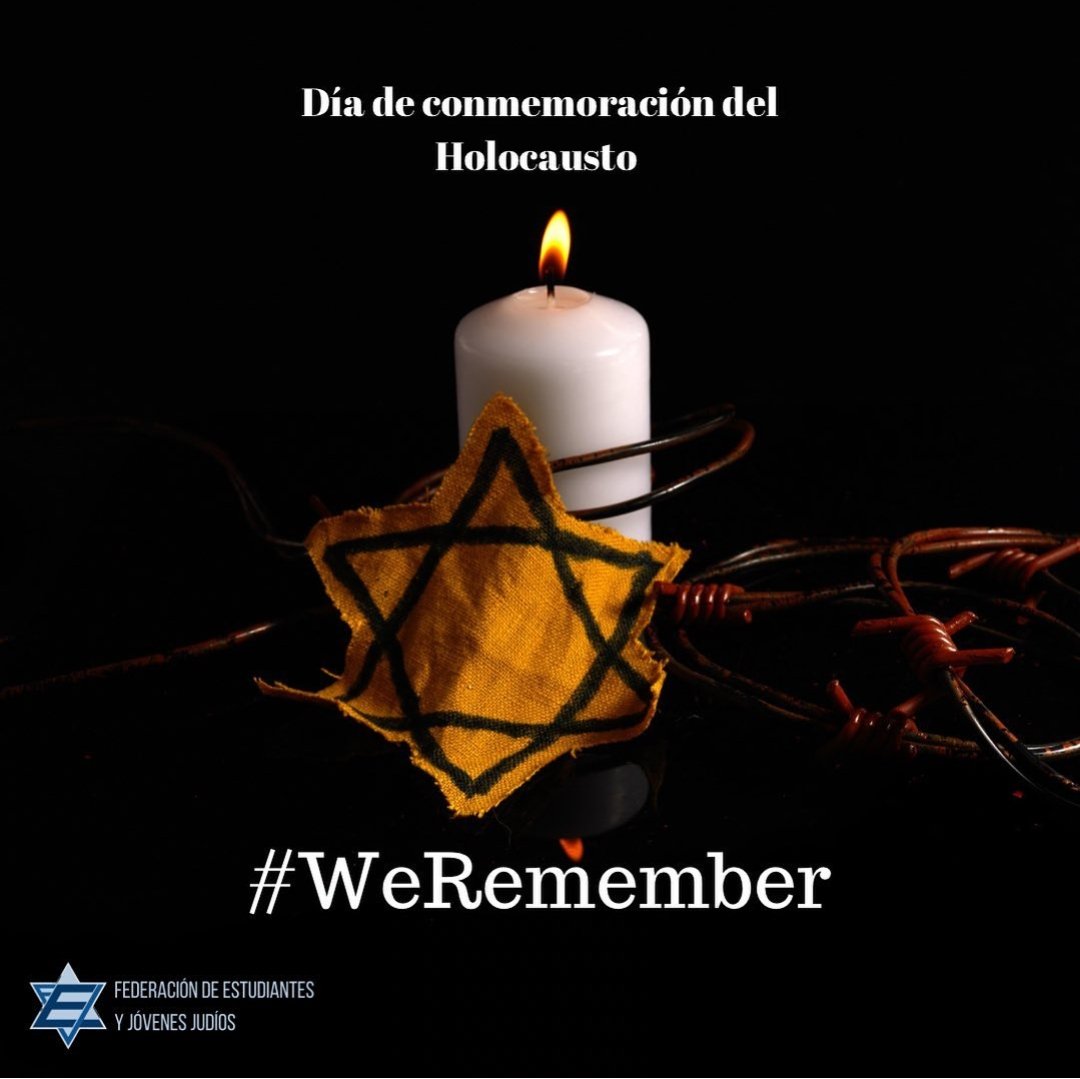 FEJJ_Chile's tweet photo. Hoy recordamos a las víctimas y sobrevivientes de la Shoá. El genocidio de 6.000.000 de judíos y gente de otras etnias, ideologías y orientaciones sexuales no puede ser indiferente para nadie.

Recordar para nunca olvidar 🇮🇱✡️.

#NuncaMas https://t.co/64Scgw2JVx