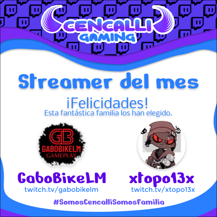 CencalliGaming's tweet photo. Ellos fueron elegidos por la comunidad por el buen contenido que están haciendo y por el apoyo que dan a todos los carnalitos y carnalitas, muchas felicidades @gabobikelm y @xtopo13x es un honor nombrarlos Streamer del mes. #somoscencallisomosfamilia #streamerdelmes https://t.co/DqihAzNN5R