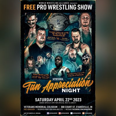 UPWPro's tweet photo. ** FREE FREE FREE FREE **

This Saturday night @WWAISNOW returns to the HISTORIC Evansville Coliseum and general admission is FREE!!!! That’s right. FREE. 

Historic venue. Rich wrestling history. Stupendous night of action that only the WWA can provide. Did I mention it’s FREE?? https://t.co/JFZMmXTKzq