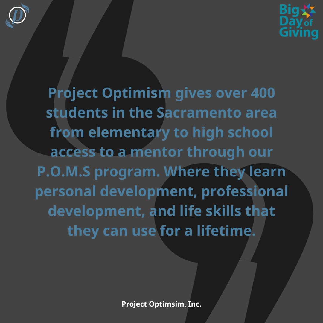 ProjOptimism's tweet image. Growing charitable giving in the capital area must be a community-driven effort. Be a part of the movement and make your #BDOG2023 gift on April 20th by searching Project Optimism on bigdayofgiving.org.

#projectoptimism #bigdayofgiving #mentoringworks #mentoringamplifies